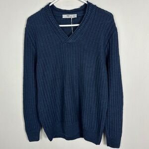 Inis Meain 90% Linen 10% Silk Blue Chevron Cable Knit Sweater Men Size Small NEW
